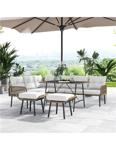 Outsunny 6 Piece Rattan Garden Furniture Set, 8 Seater Garden Corner Sofa with Cushions and Glass Top Table, Sectional Outdoor F