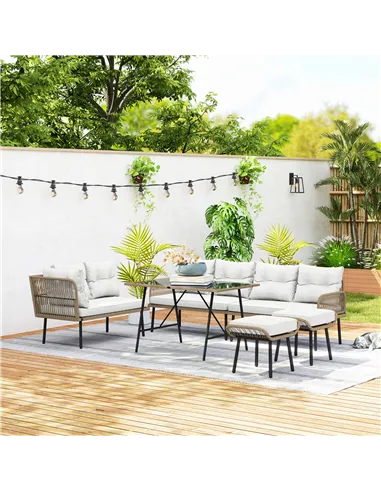 Outsunny 6 Piece Rattan Garden Furniture Set, 8 Seater Garden Corner Sofa with Cushions and Glass Top Table, Sectional Outdoor F