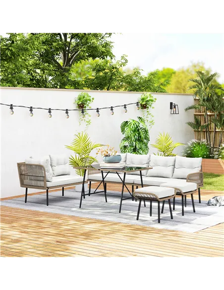 Outsunny 6 Piece Rattan Garden Furniture Set, 8 Seater Garden Corner Sofa with Cushions and Glass Top Table, Sectional Outdoor F