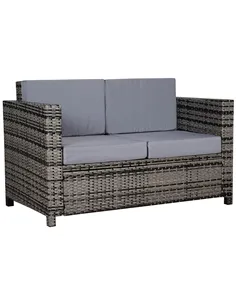Outsunny Rattan Sofa, 2 Seater Garden Furniture with Soft Padded Cushion and Armrests, Wicker Garden Loveseat for Patio, Mixed G