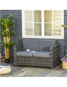 Outsunny Rattan Sofa, 2 Seater Garden Furniture with Soft Padded Cushion and Armrests, Wicker Garden Loveseat for Patio, Mixed G 2