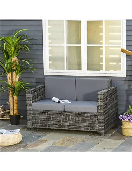 Outsunny Rattan Sofa, 2 Seater Garden Furniture with Soft Padded Cushion and Armrests, Wicker Garden Loveseat for Patio, Mixed G