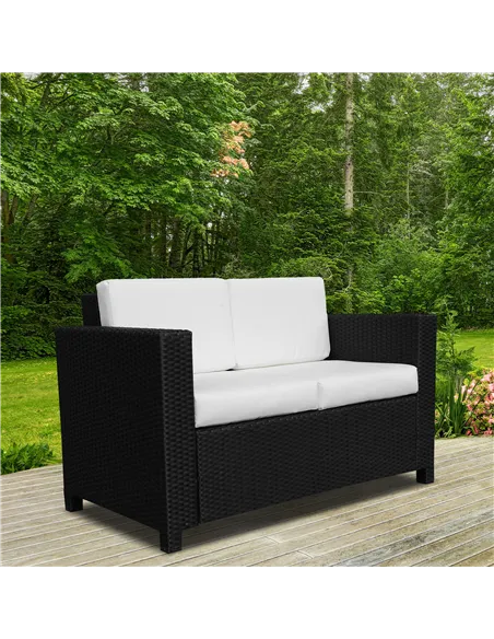 Outsunny Rattan Sofa, 2 Seater Garden Furniture with Soft Padded Cushion and Armrests, Wicker Garden Loveseat for Patio, Black