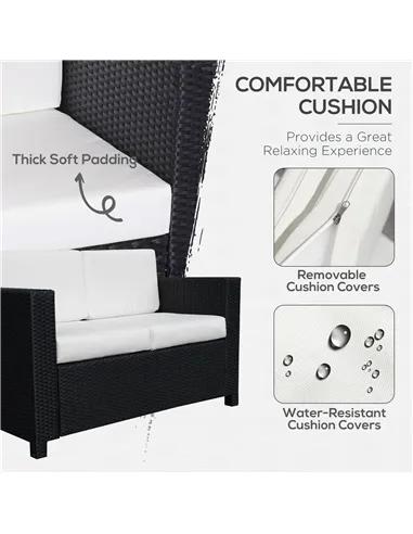 Outsunny Rattan Sofa, 2 Seater Garden Furniture with Soft Padded Cushion and Armrests, Wicker Garden Loveseat for Patio, Black