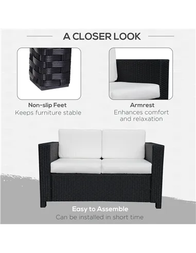 Outsunny Rattan Sofa, 2 Seater Garden Furniture with Soft Padded Cushion and Armrests, Wicker Garden Loveseat for Patio, Black