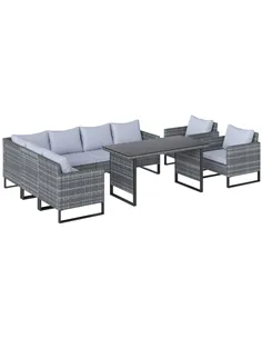 Outsunny 9 Piece Rattan Garden Furniture Set, 8 Seater Garden Corner Sofa with Cushions and Glass Top Table, Sectional Outdoor F