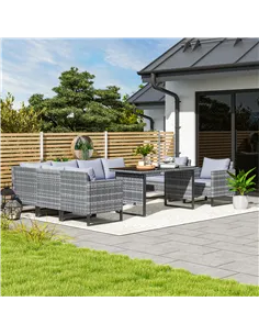 Outsunny 9 Piece Rattan Garden Furniture Set, 8 Seater Garden Corner Sofa with Cushions and Glass Top Table, Sectional Outdoor F 2