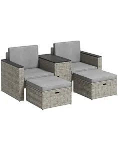 Outsunny 5 Piece Rattan Garden Furniture Set, Nesting Outdoor Furniture Conversation Set with 2 Footstools, WPC Storage Coffee T