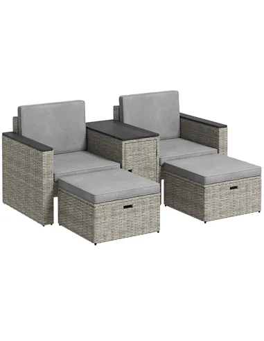 Outsunny 5 Piece Rattan Garden Furniture Set, Nesting Outdoor Furniture Conversation Set with 2 Footstools, WPC Storage Coffee T