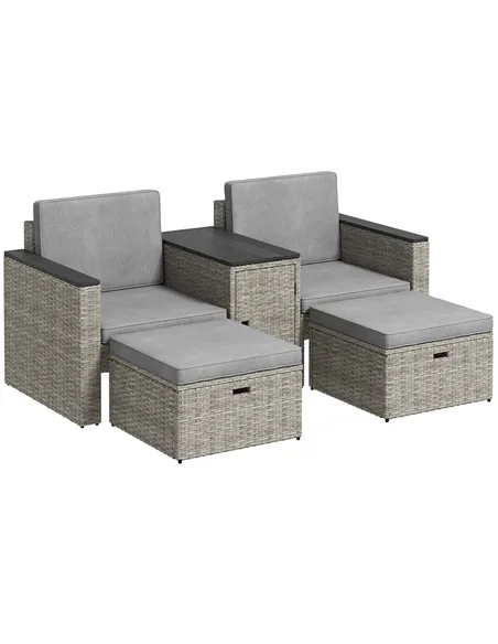 Outsunny 5 Piece Rattan Garden Furniture Set, Nesting Outdoor Furniture Conversation Set with 2 Footstools, WPC Storage Coffee T