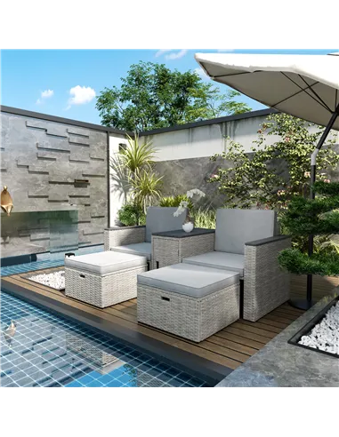 Outsunny 5 Piece Rattan Garden Furniture Set, Nesting Outdoor Furniture Conversation Set with 2 Footstools, WPC Storage Coffee T