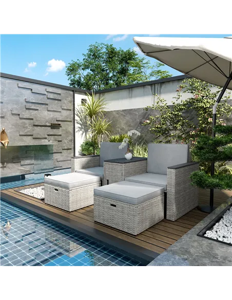 Outsunny 5 Piece Rattan Garden Furniture Set, Nesting Outdoor Furniture Conversation Set with 2 Footstools, WPC Storage Coffee T