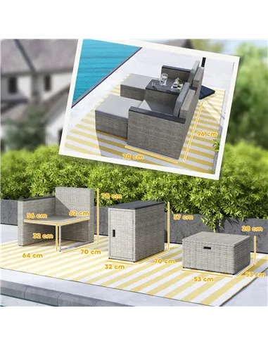 Outsunny 5 Piece Rattan Garden Furniture Set, Nesting Outdoor Furniture Conversation Set with 2 Footstools, WPC Storage Coffee T