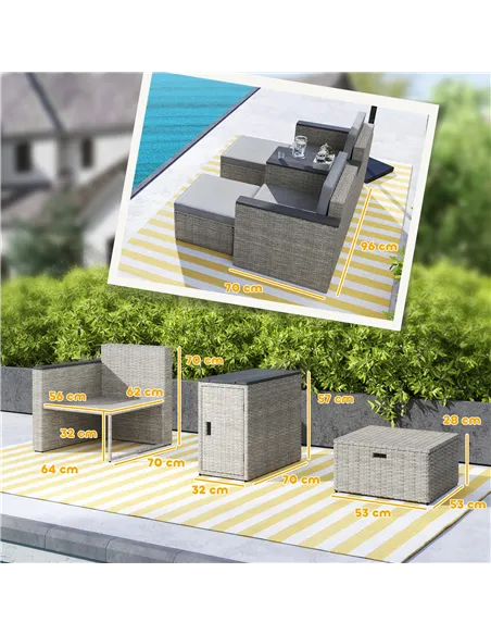 Outsunny 5 Piece Rattan Garden Furniture Set, Nesting Outdoor Furniture Conversation Set with 2 Footstools, WPC Storage Coffee T