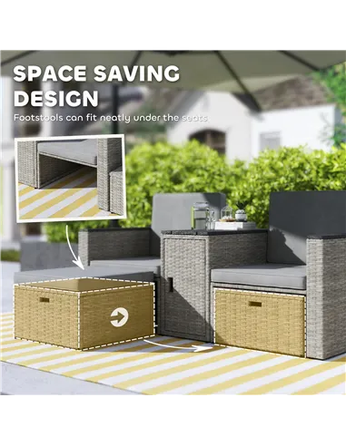 Outsunny 5 Piece Rattan Garden Furniture Set, Nesting Outdoor Furniture Conversation Set with 2 Footstools, WPC Storage Coffee T