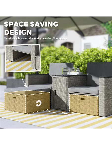 Outsunny 5 Piece Rattan Garden Furniture Set, Nesting Outdoor Furniture Conversation Set with 2 Footstools, WPC Storage Coffee T