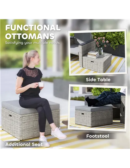 Outsunny 5 Piece Rattan Garden Furniture Set, Nesting Outdoor Furniture Conversation Set with 2 Footstools, WPC Storage Coffee T