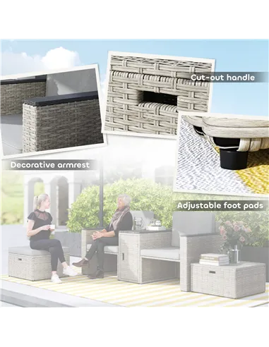 Outsunny 5 Piece Rattan Garden Furniture Set, Nesting Outdoor Furniture Conversation Set with 2 Footstools, WPC Storage Coffee T