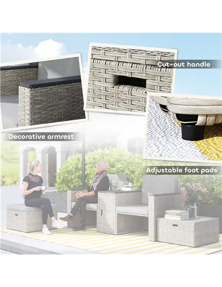 Outsunny 5 Piece Rattan Garden Furniture Set, Nesting Outdoor Furniture Conversation Set with 2 Footstools, WPC Storage Coffee T