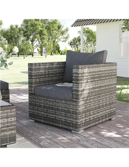 Outsunny Single Rattan Garden Chair, PE Wicker Garden Armchair with Cushions, Outdoor Rattan Chair with Armrests and Steel Frame