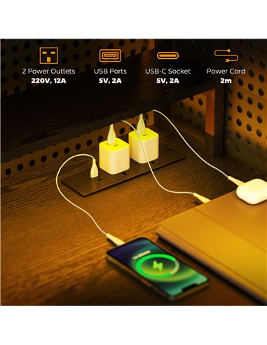 HOMCOM Computer Desk with Power Outlets and LED Lights, Home Office Desk with Monitor Stand, 2 CPU Stands and Storage Shelves, S