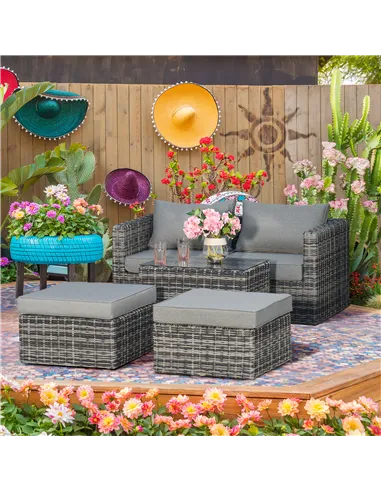 Outsunny Five Piece Rattan Armchair, Stool and Table Set - Mixed Grey