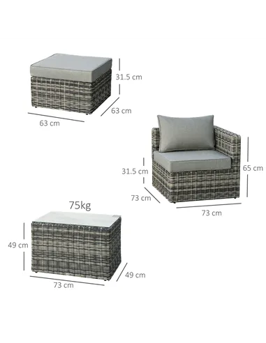 Outsunny Five Piece Rattan Armchair, Stool and Table Set - Mixed Grey