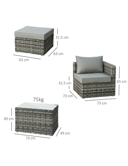Outsunny Five Piece Rattan Armchair, Stool and Table Set - Mixed Grey
