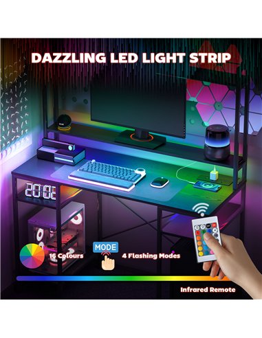 HOMCOM Computer Desk with Power Outlets and LED Lights, Home Office Desk with Monitor Stand, 2 CPU Stands and Storage Shelves, S