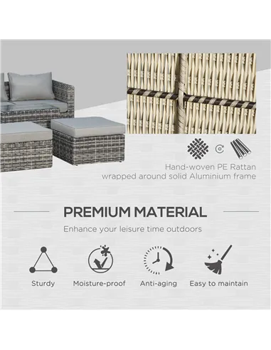 Outsunny Five Piece Rattan Armchair, Stool and Table Set - Mixed Grey