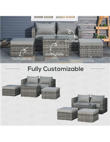 Outsunny Five Piece Rattan Armchair, Stool and Table Set - Mixed Grey
