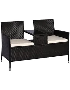 Outsunny 2 Seater Rattan Campanion Chair Wicker Loveseat Outdoor Patio Armchair with Drink Table Garden Furniture - Dark Brown