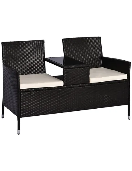 Outsunny 2 Seater Rattan Campanion Chair Wicker Loveseat Outdoor Patio Armchair with Drink Table Garden Furniture - Dark Brown