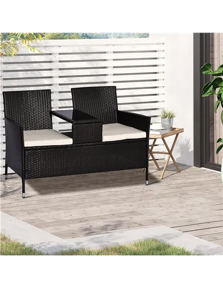 Outsunny 2 Seater Rattan Campanion Chair Wicker Loveseat Outdoor Patio Armchair with Drink Table Garden Furniture - Dark Brown