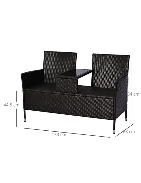 Outsunny 2 Seater Rattan Campanion Chair Wicker Loveseat Outdoor Patio Armchair with Drink Table Garden Furniture - Dark Brown