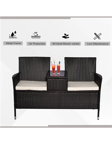 Outsunny 2 Seater Rattan Campanion Chair Wicker Loveseat Outdoor Patio Armchair with Drink Table Garden Furniture - Dark Brown