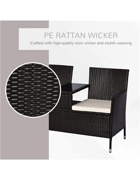 Outsunny 2 Seater Rattan Campanion Chair Wicker Loveseat Outdoor Patio Armchair with Drink Table Garden Furniture - Dark Brown