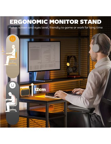 HOMCOM Computer Desk with Power Outlets and LED Lights, Home Office Desk with Monitor Stand, 2 CPU Stands and Storage Shelves, S
