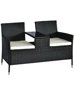 Outsunny 2 Seater Rattan Campanion Chair Wicker Loveseat Outdoor Patio Armchair with Drink Table Garden Furniture - Black