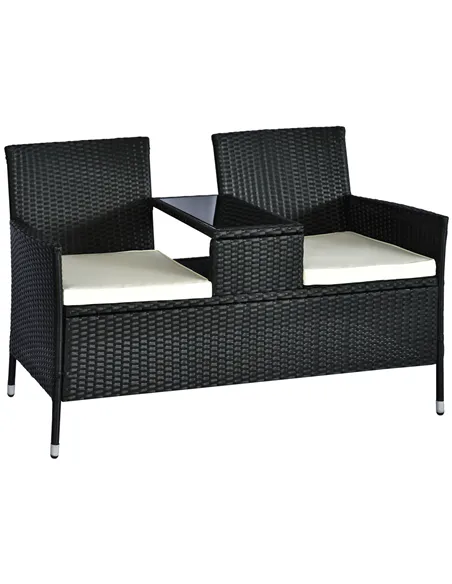 Outsunny 2 Seater Rattan Campanion Chair Wicker Loveseat Outdoor Patio Armchair with Drink Table Garden Furniture - Black