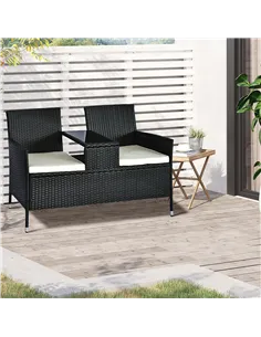 Outsunny 2 Seater Rattan Campanion Chair Wicker Loveseat Outdoor Patio Armchair with Drink Table Garden Furniture - Black 2