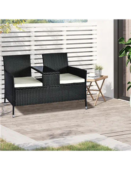 Outsunny 2 Seater Rattan Campanion Chair Wicker Loveseat Outdoor Patio Armchair with Drink Table Garden Furniture - Black