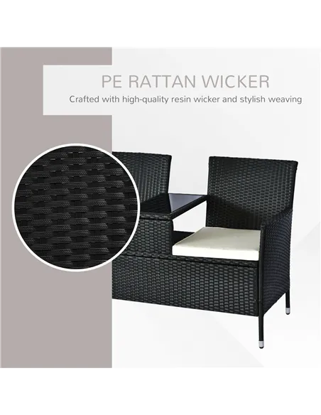 Outsunny 2 Seater Rattan Campanion Chair Wicker Loveseat Outdoor Patio Armchair with Drink Table Garden Furniture - Black