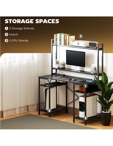 HOMCOM Computer Desk with Power Outlets and LED Lights, Home Office Desk with Monitor Stand, 2 CPU Stands and Storage Shelves, S