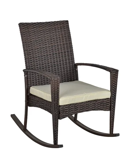Outsunny PE Rattan Garden Rocking Chair, Outdoor Rocking with Cushion, 160 KG Capacity Wicker Garden Armchair Rocker with Metal 