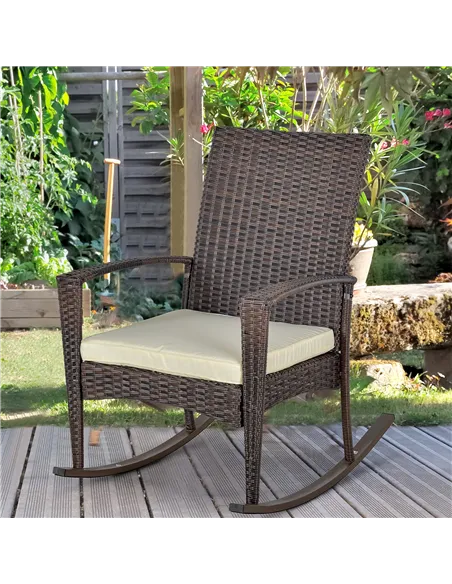 Outsunny PE Rattan Garden Rocking Chair, Outdoor Rocking with Cushion, 160 KG Capacity Wicker Garden Armchair Rocker with Metal 