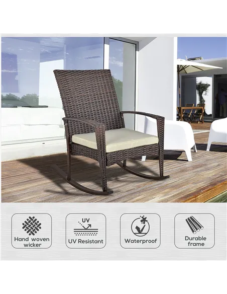Outsunny PE Rattan Garden Rocking Chair, Outdoor Rocking with Cushion, 160 KG Capacity Wicker Garden Armchair Rocker with Metal 