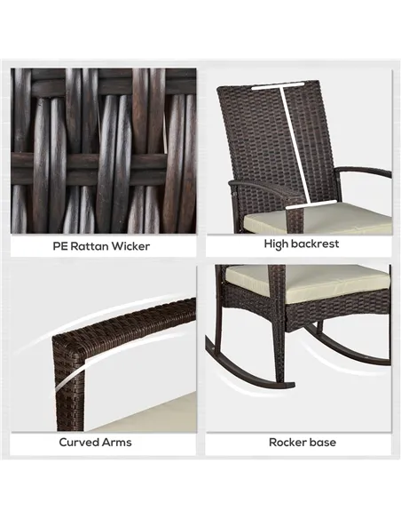 Outsunny PE Rattan Garden Rocking Chair, Outdoor Rocking with Cushion, 160 KG Capacity Wicker Garden Armchair Rocker with Metal 