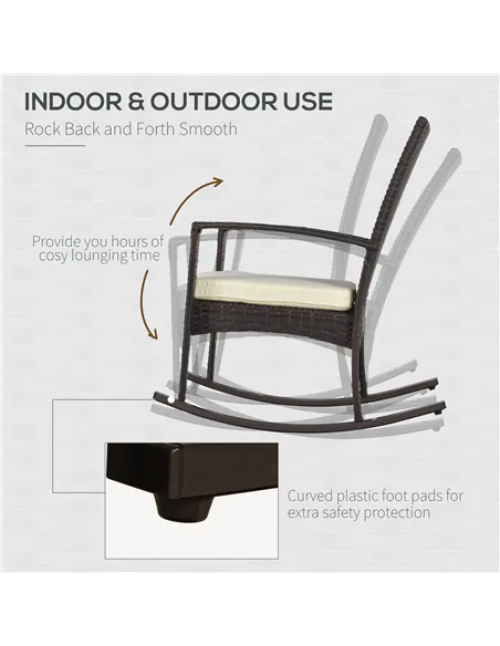 Outsunny PE Rattan Garden Rocking Chair, Outdoor Rocking with Cushion, 160 KG Capacity Wicker Garden Armchair Rocker with Metal 