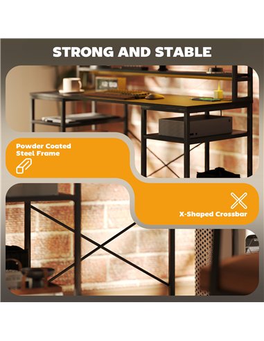 HOMCOM Computer Desk with Power Outlets and LED Lights, Home Office Desk with Monitor Stand, 2 CPU Stands and Storage Shelves, S